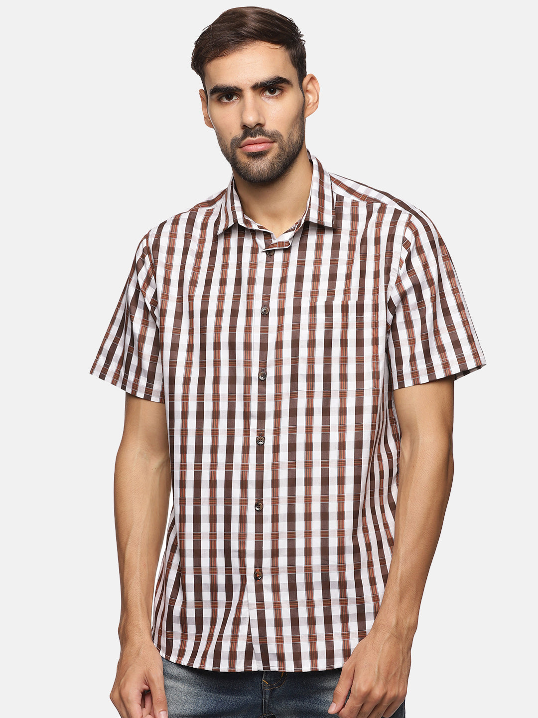 Men White & Brown Checkered Slim Fit Casual Shirt, Men's Half Sleeve Cotton Shirt