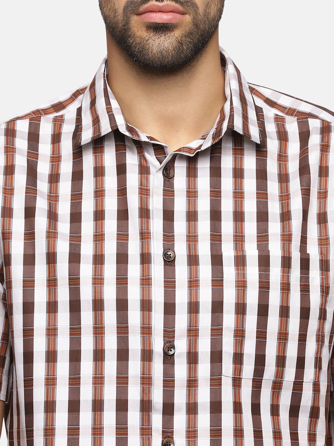 Men White & Brown Checkered Slim Fit Casual Shirt, Men's Half Sleeve Cotton Shirt