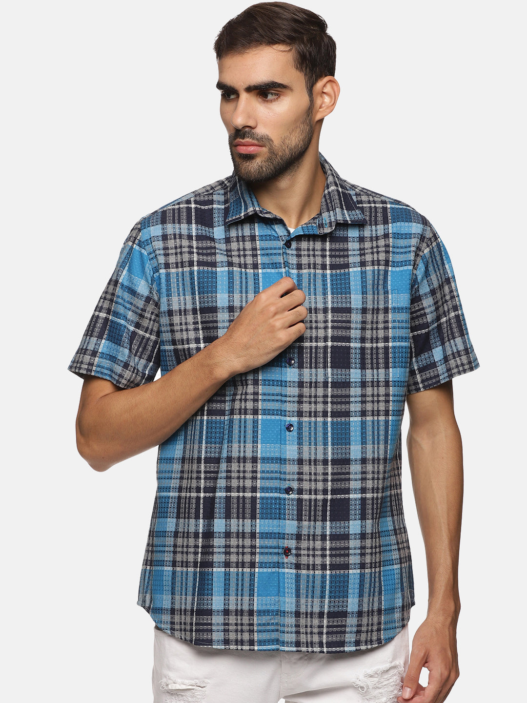 Men Blue & Black Checkered Slim Fit Casual Shirt, Men's Half Sleeve Cotton Shirt