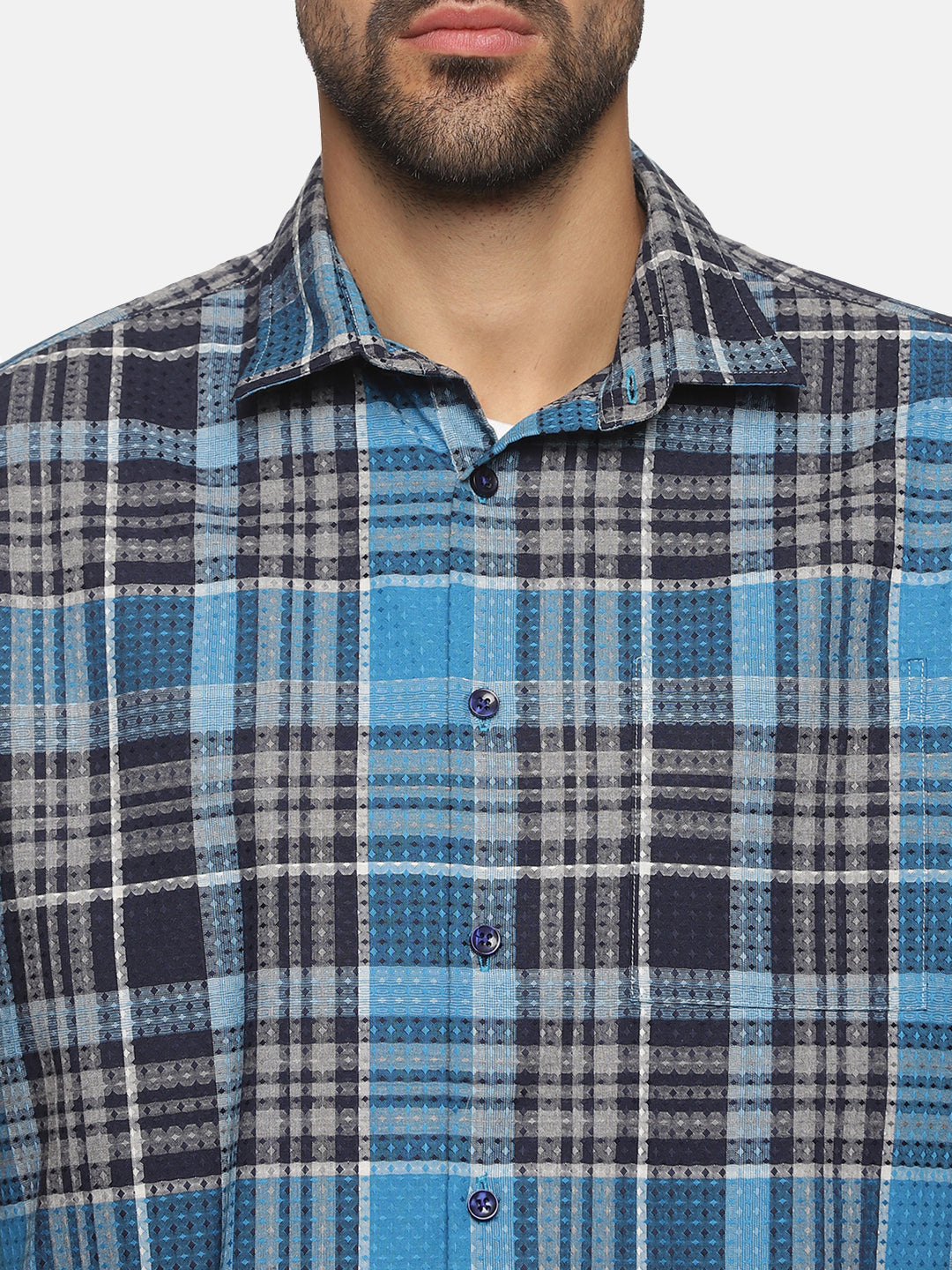 Men Blue & Black Checkered Slim Fit Casual Shirt, Men's Half Sleeve Cotton Shirt