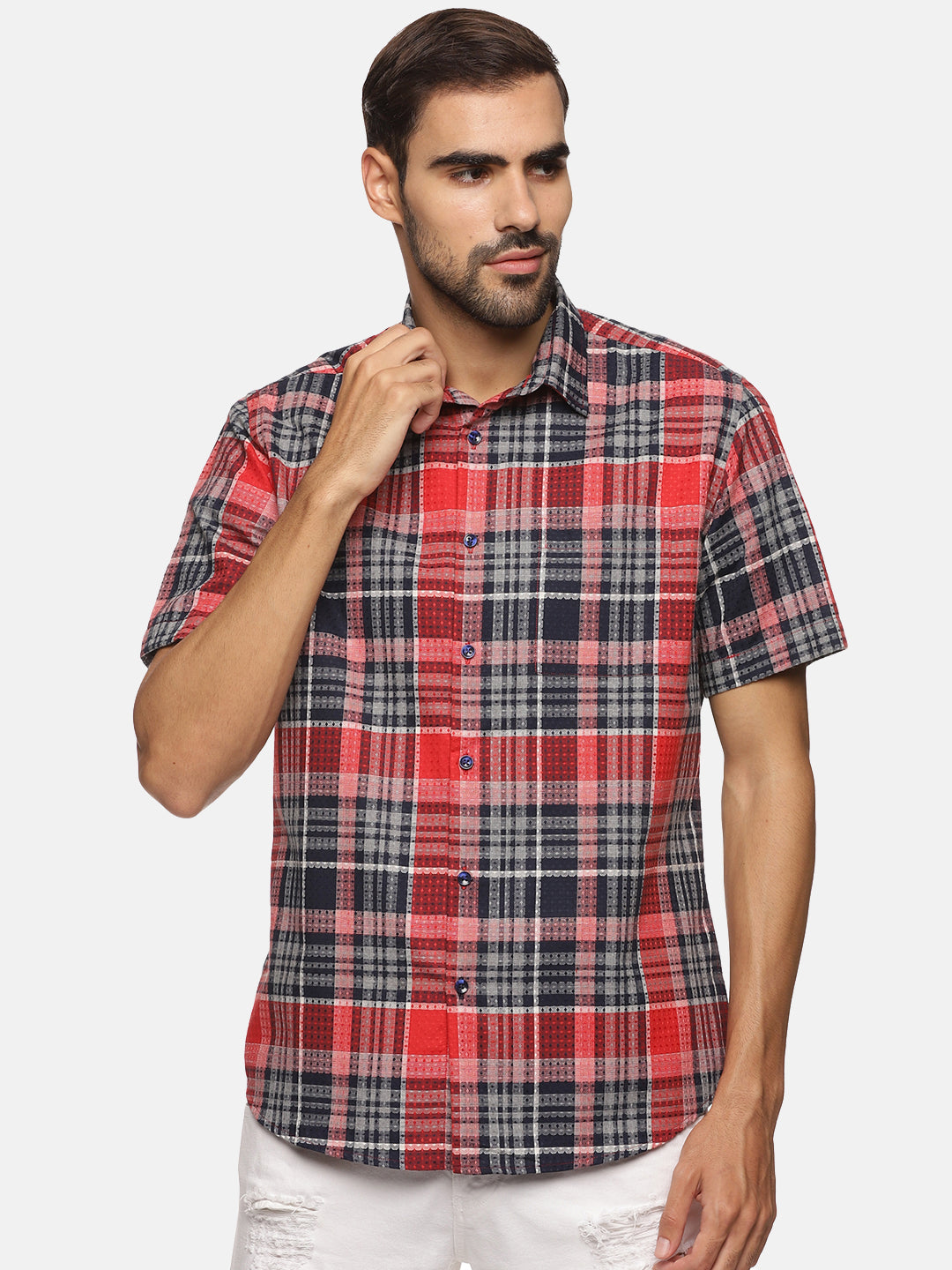 Men Red & Black Checkered Slim Fit Casual Shirt, Men's Half Sleeve Cotton Shirt
