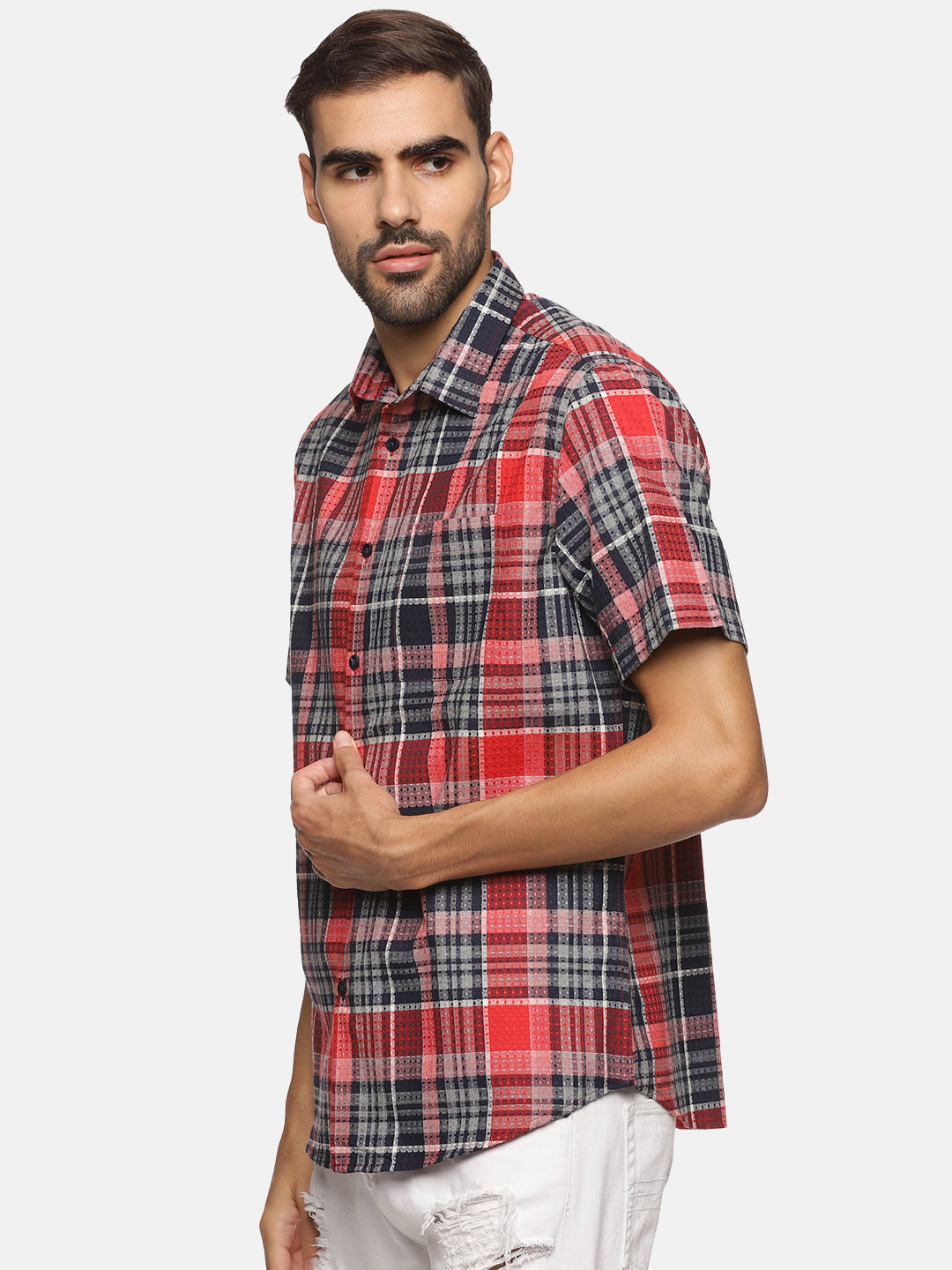 Men Red & Black Checkered Slim Fit Casual Shirt, Men's Half Sleeve Cotton Shirt