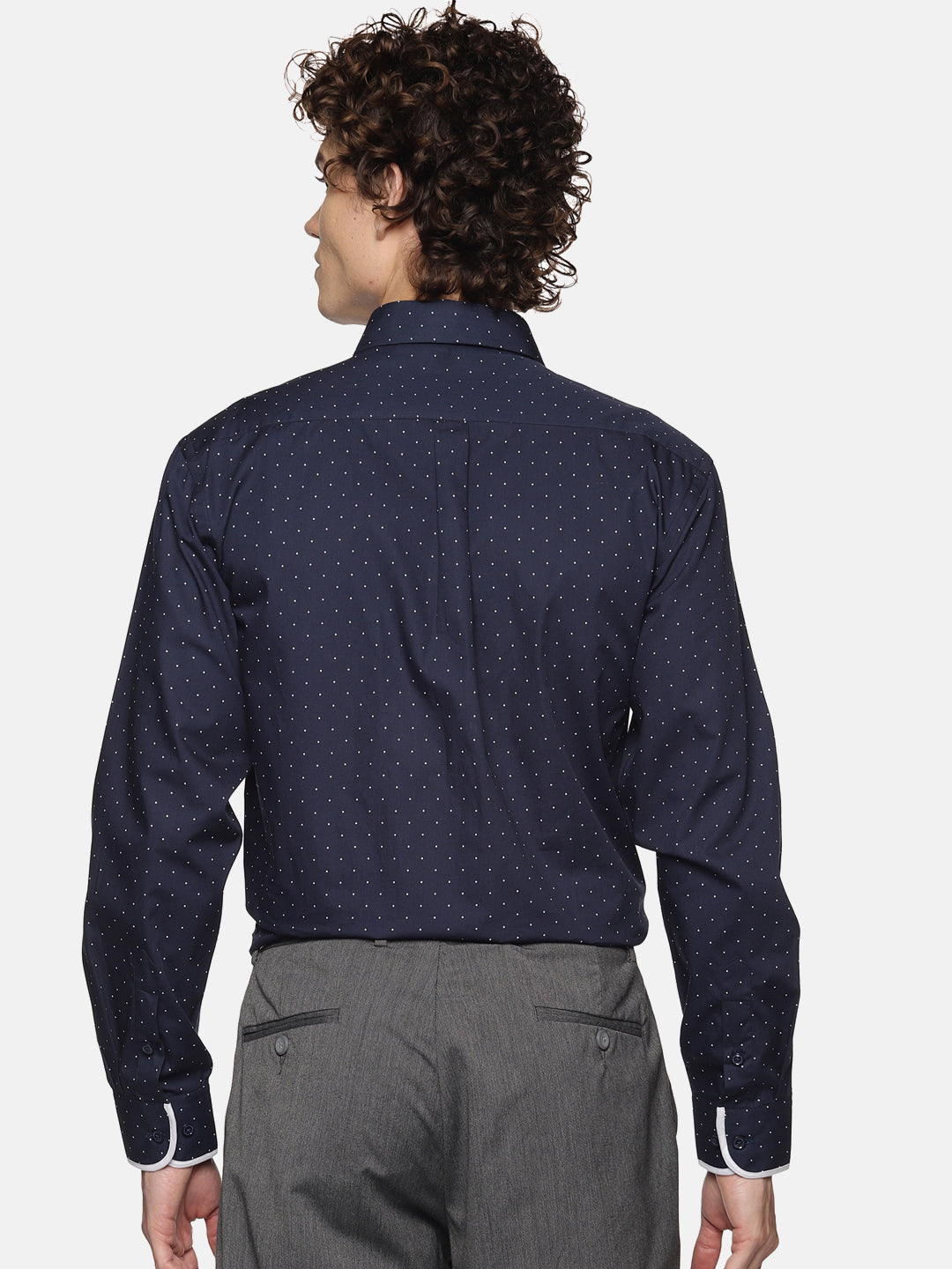Men Navy Blue Dot Printed Regular Fit Full Sleeve Cotton Formal Shirt