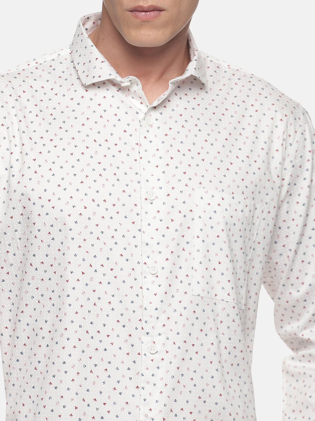 Men White Regular Fit Full Sleeve Printed Formal Shirt