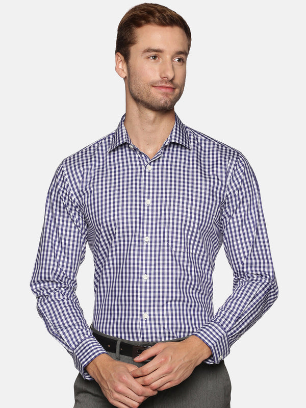 Men Blue Checkered Regular Fit Full Sleeve Cotton Formal Shirt