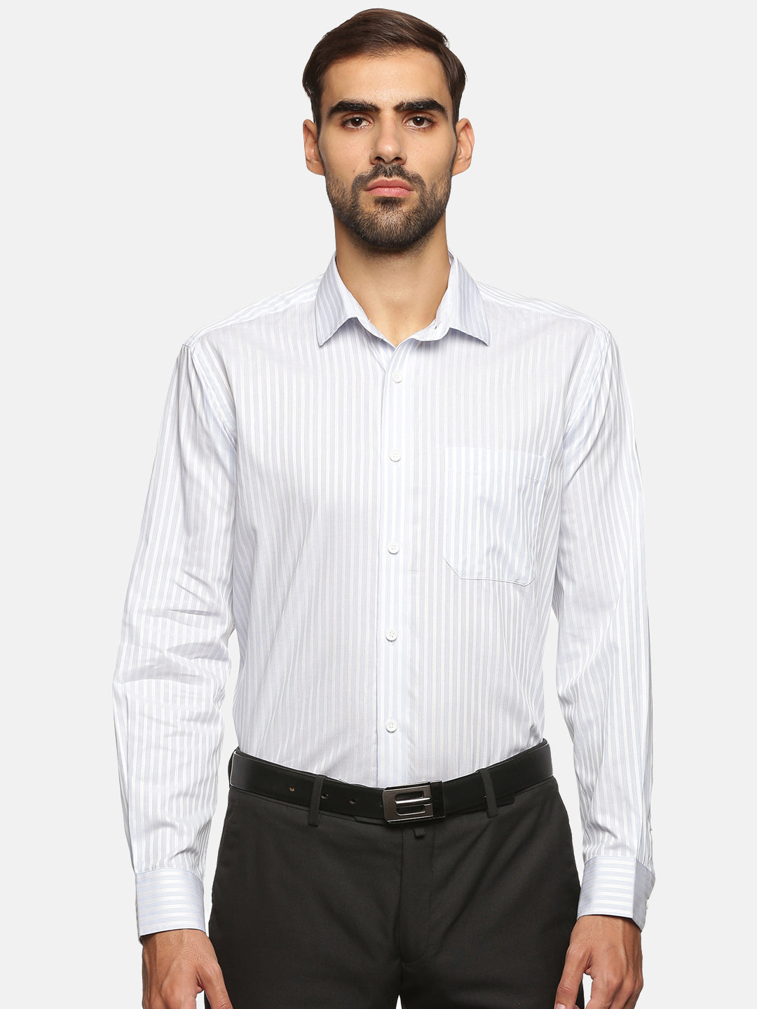 Men White Strip Regular Fit Full Sleeve Formal Shirt