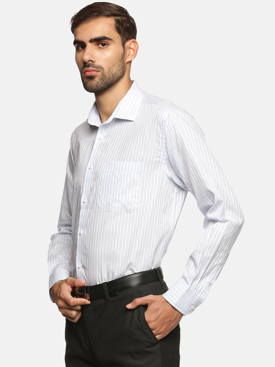 Men White Strip Regular Fit Full Sleeve Formal Shirt