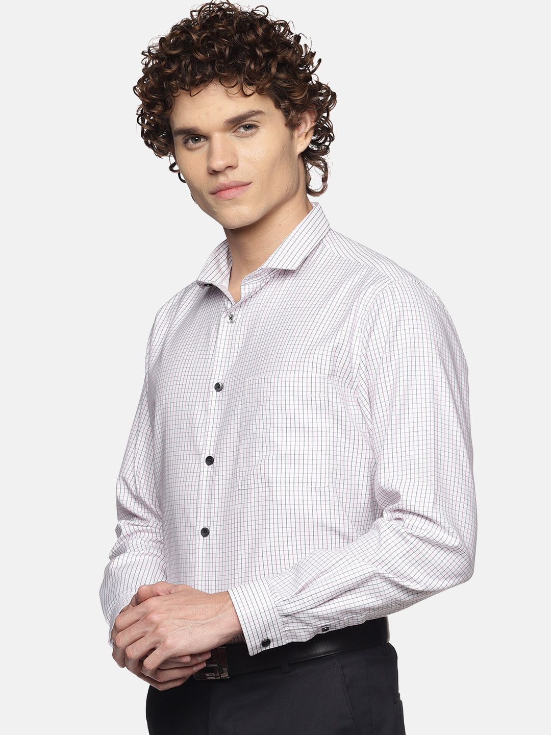 Men White Checkered Slim Fit Full Sleeve Cotton Formal Shirt