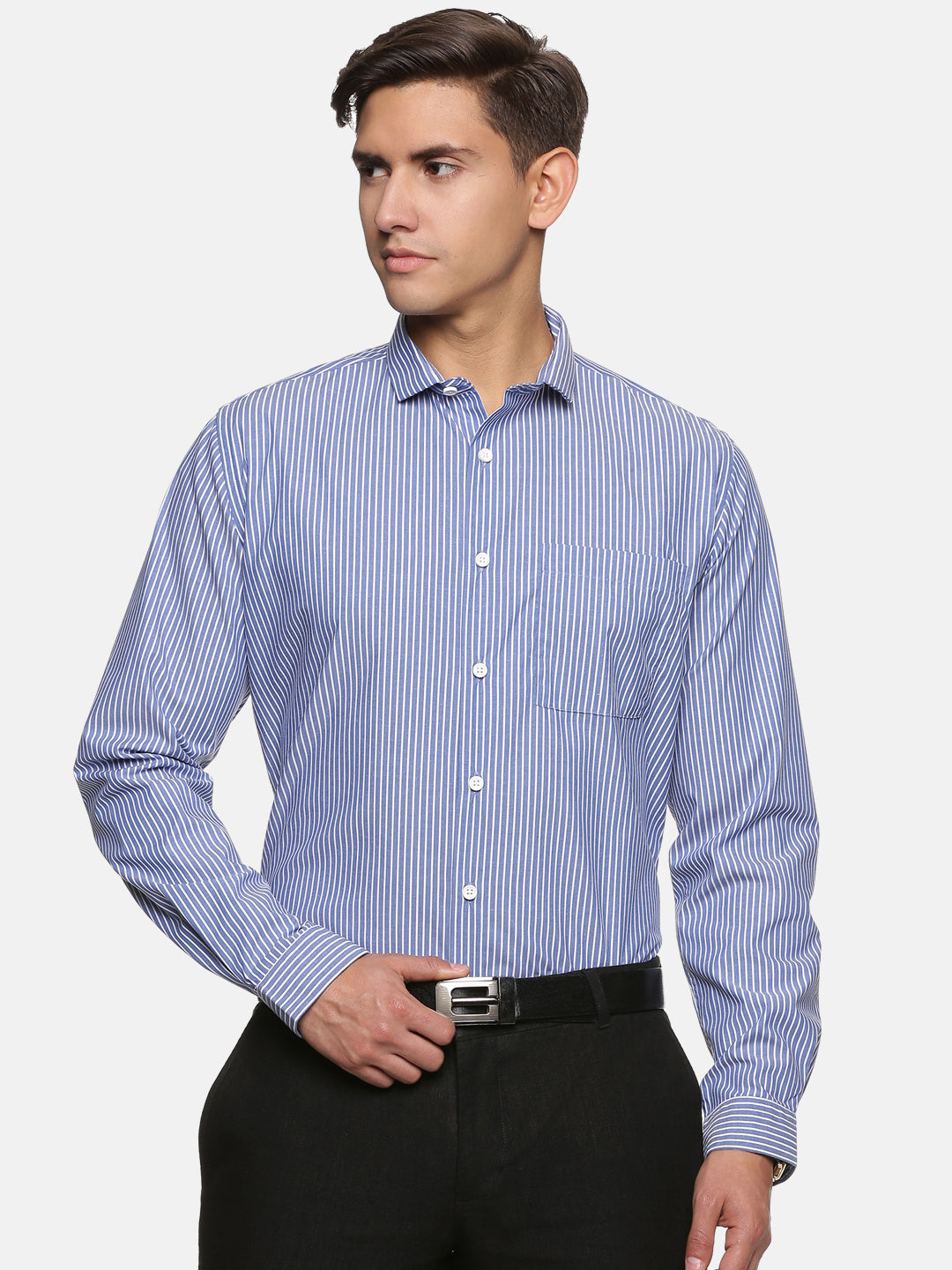 Men Blue Strip Slim Fit Full Sleeve Formal Shirt