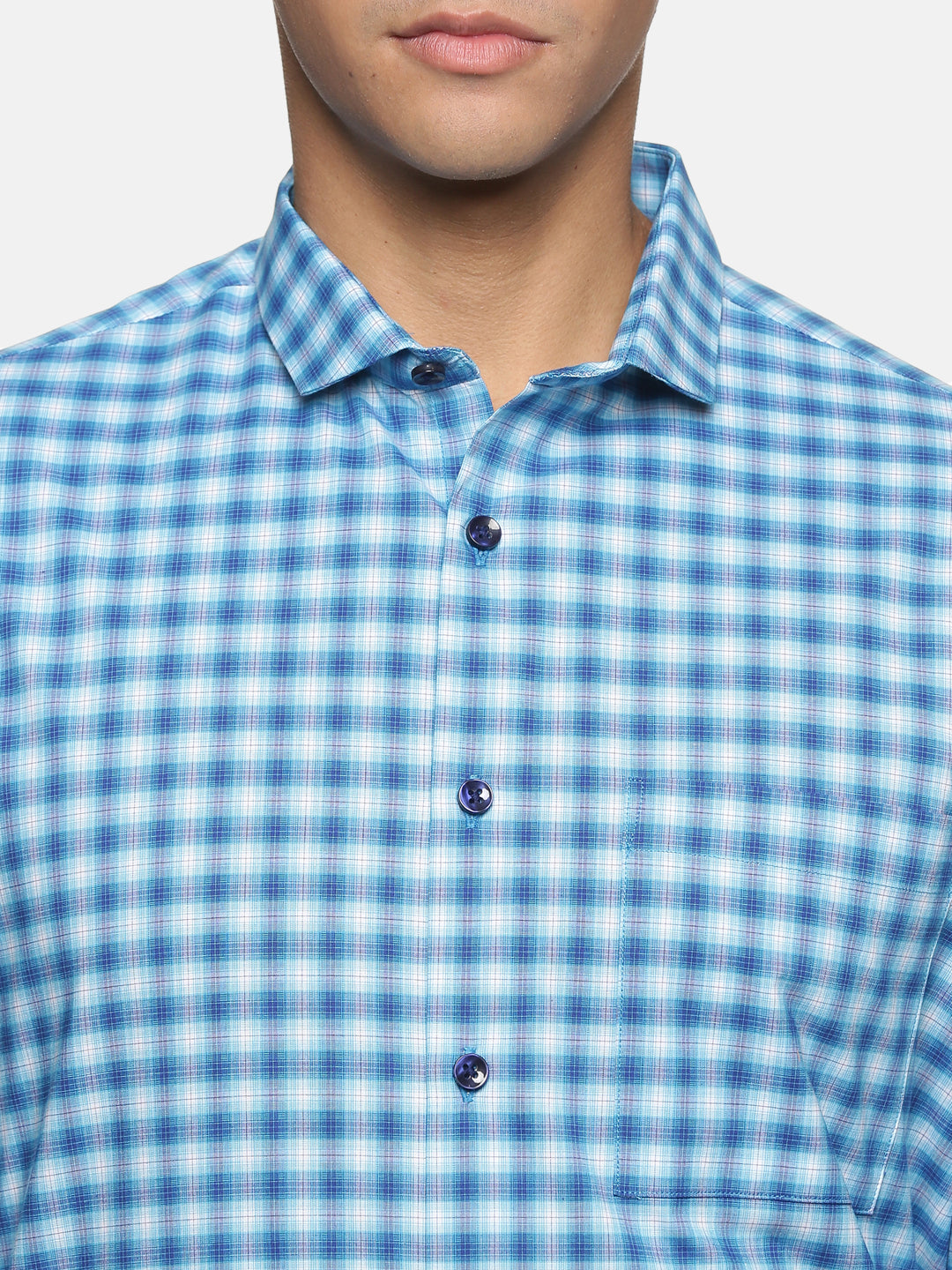 Men Blue Checkered Slim Fit Full Sleeve Formal Shirt