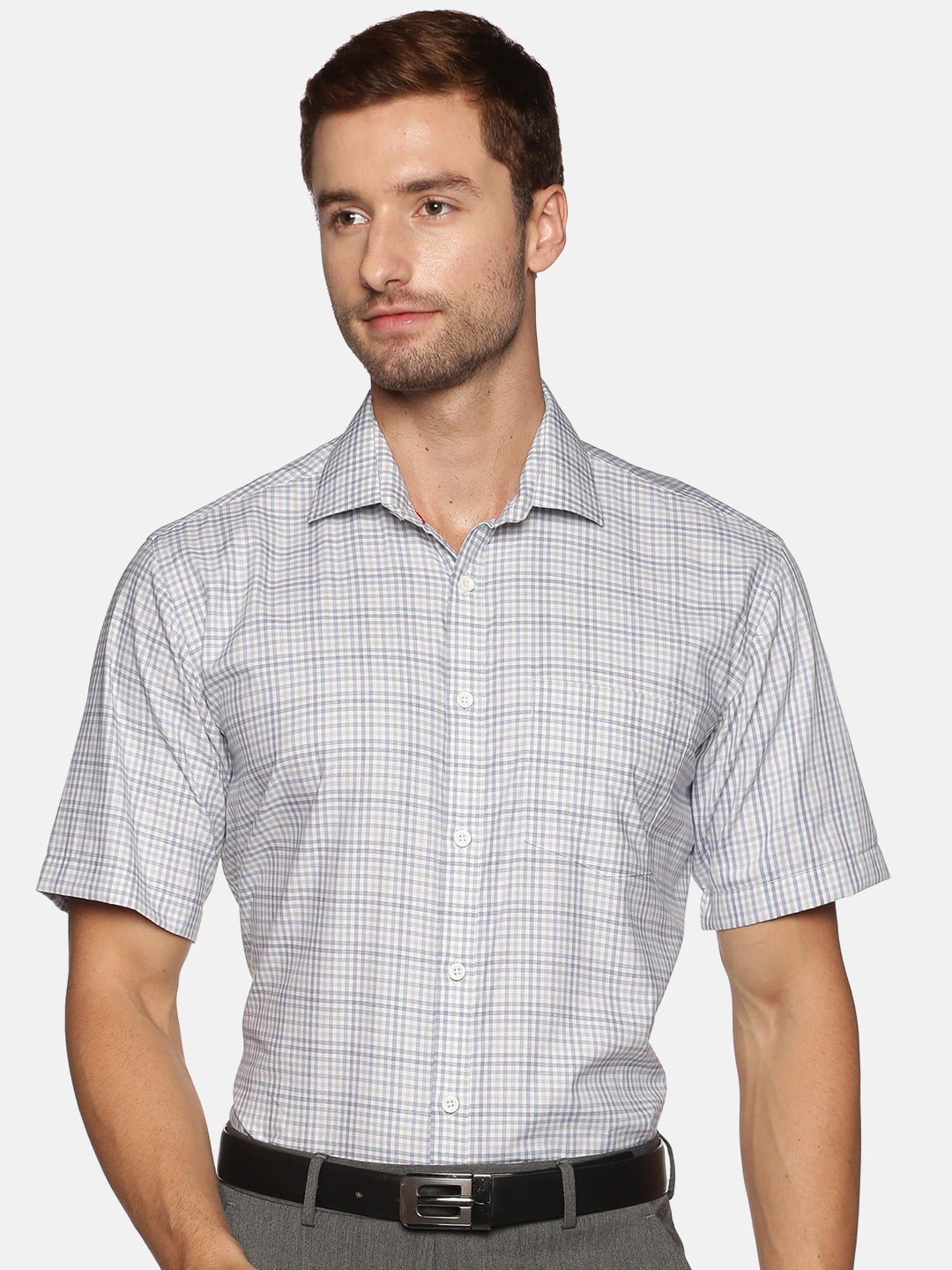 Men White Checkered Regular Fit Half Sleeve Cotton Formal Shirt