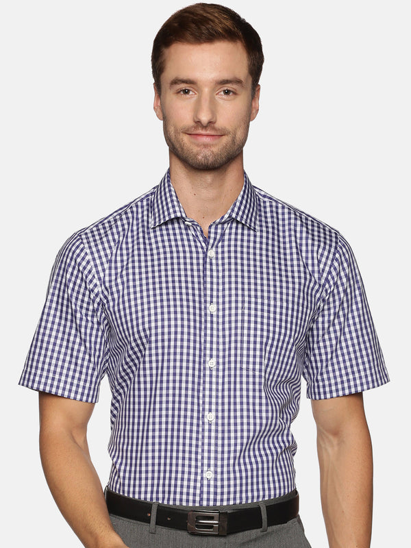 Men Blue Checkered Regular Fit Half Sleeve Cotton Formal Shirt