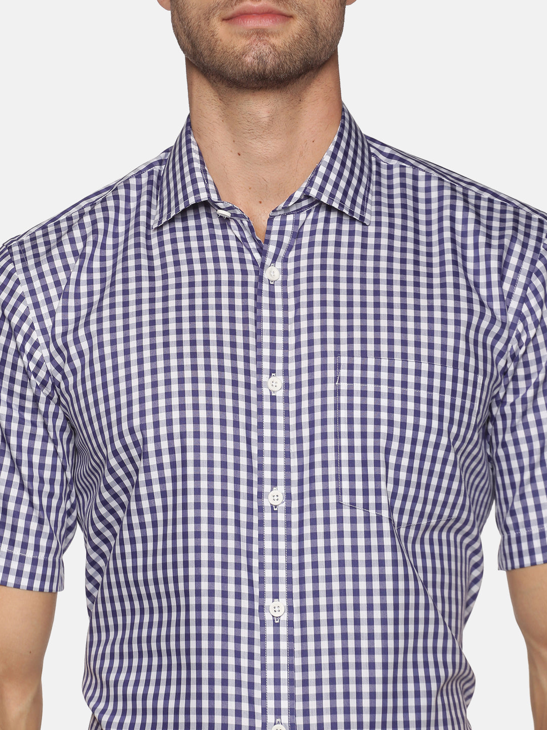 Men Blue Checkered Regular Fit Half Sleeve Cotton Formal Shirt