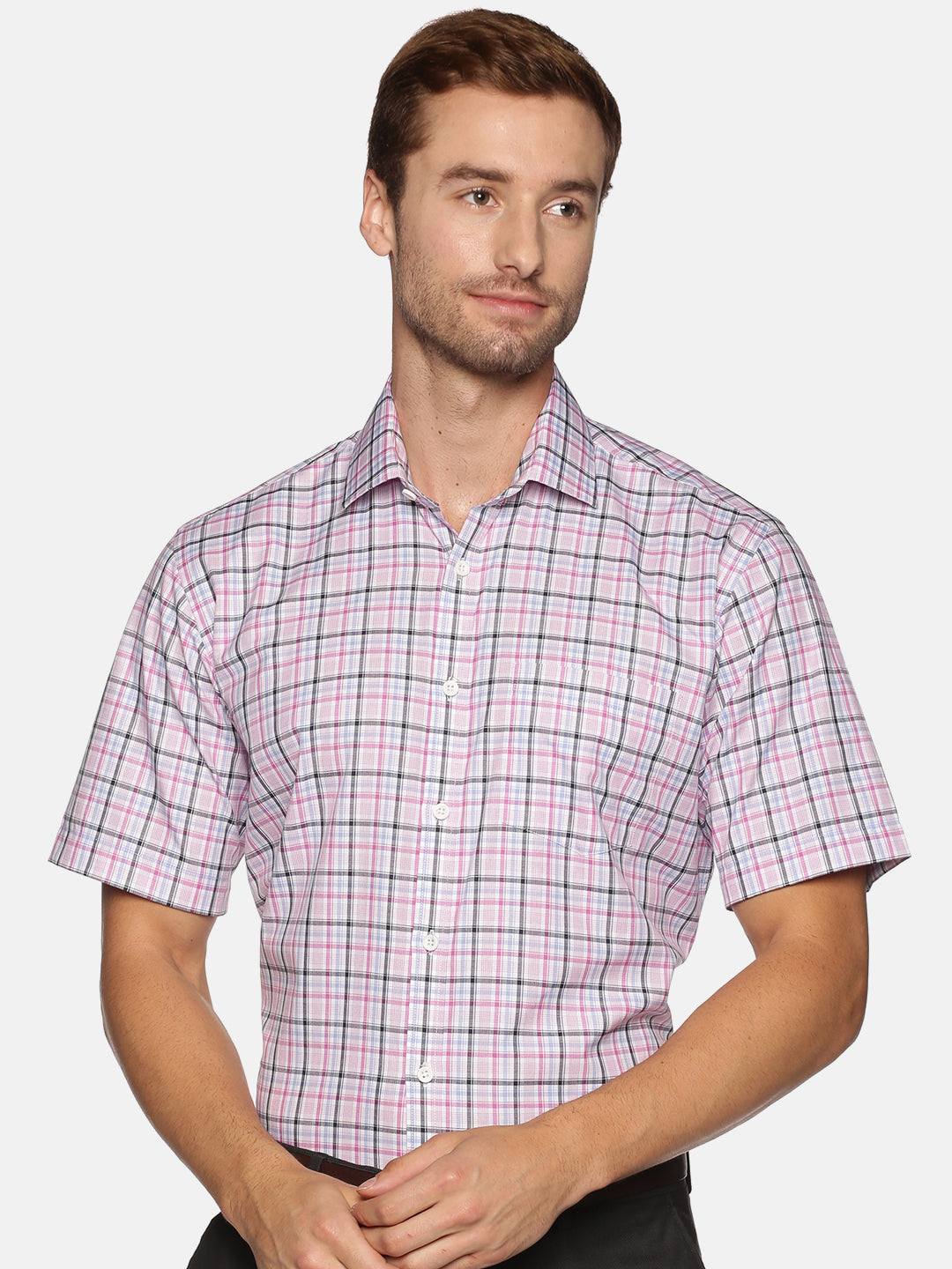 Men Pink Checkered Regular Fit Half Sleeve Cotton Formal Shirt