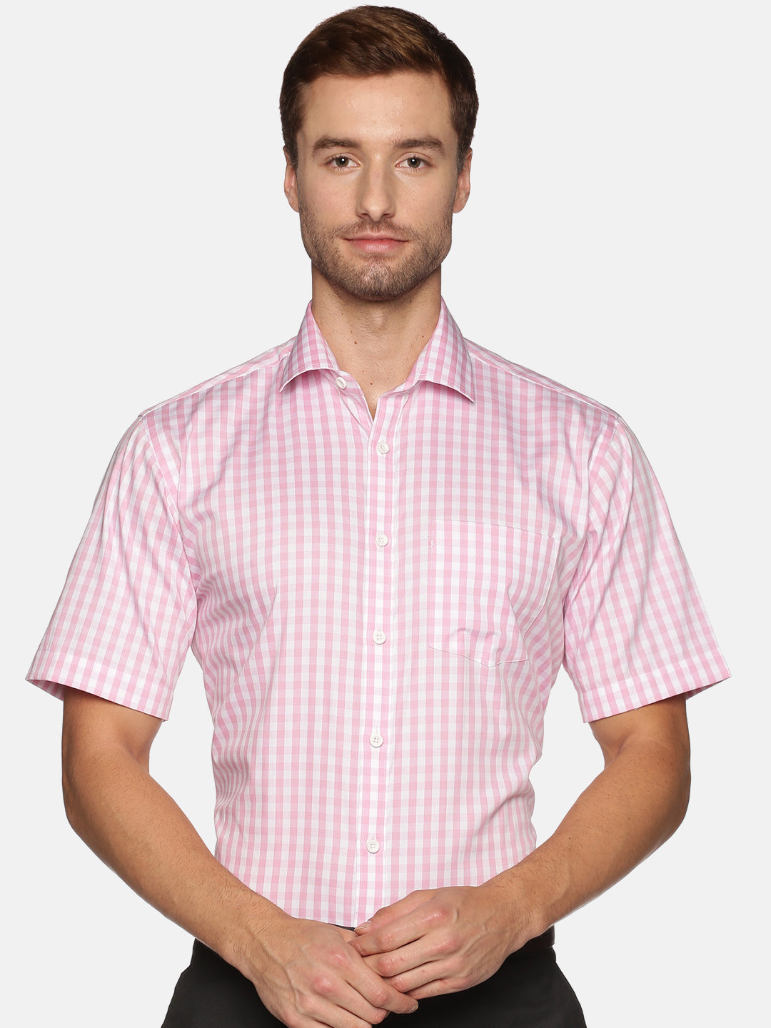 Men Pink Checkered Regular Fit Half Sleeve Cotton Formal Shirt