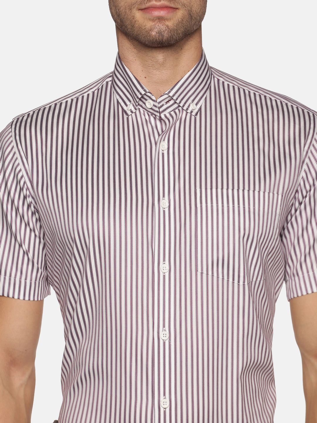 Men White Stripes Slim Fit Half Sleeve Cotton Formal Shirt