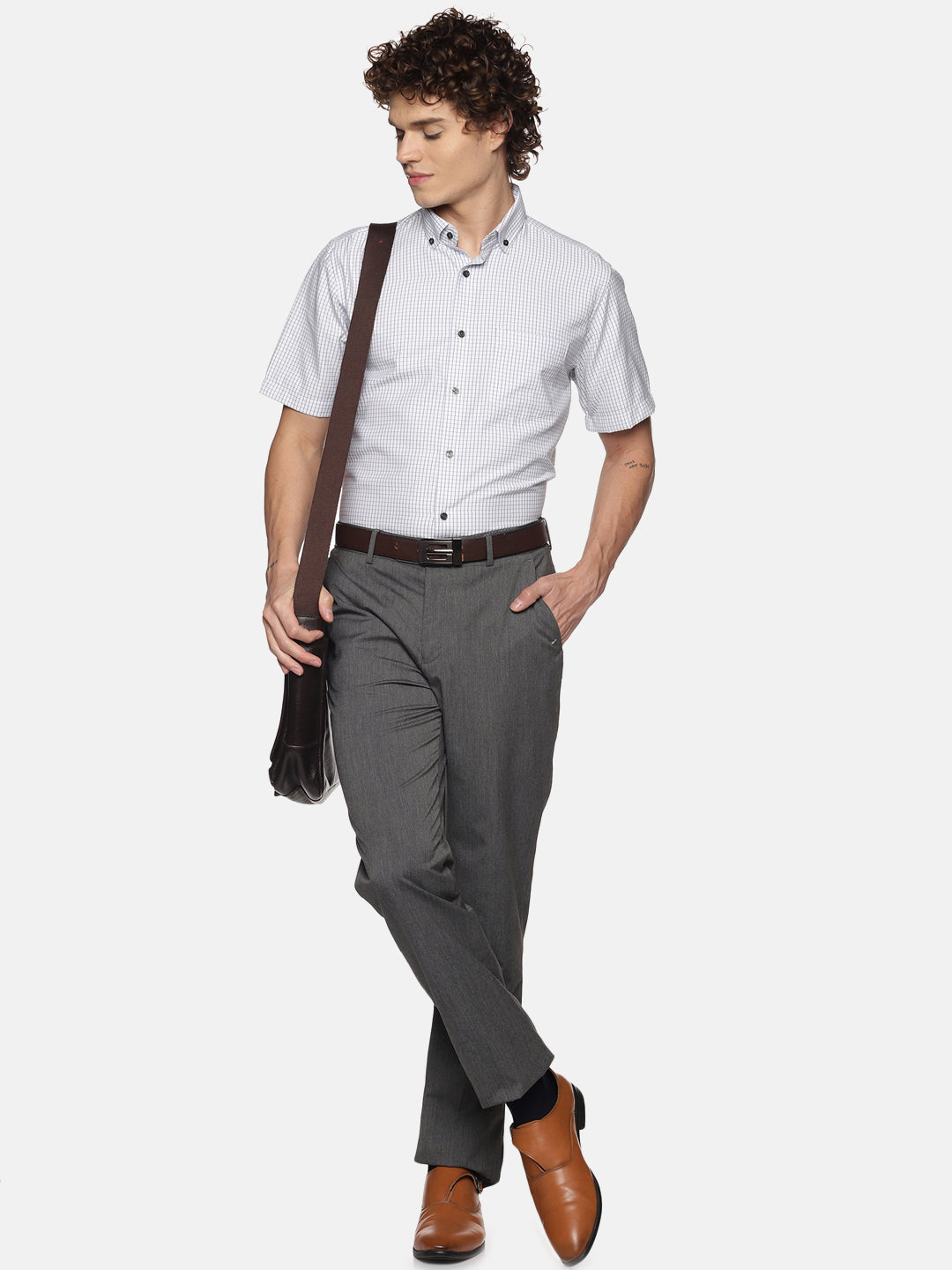 Men White Checkered Slim Fit Half Sleeve Cotton Formal Shirt